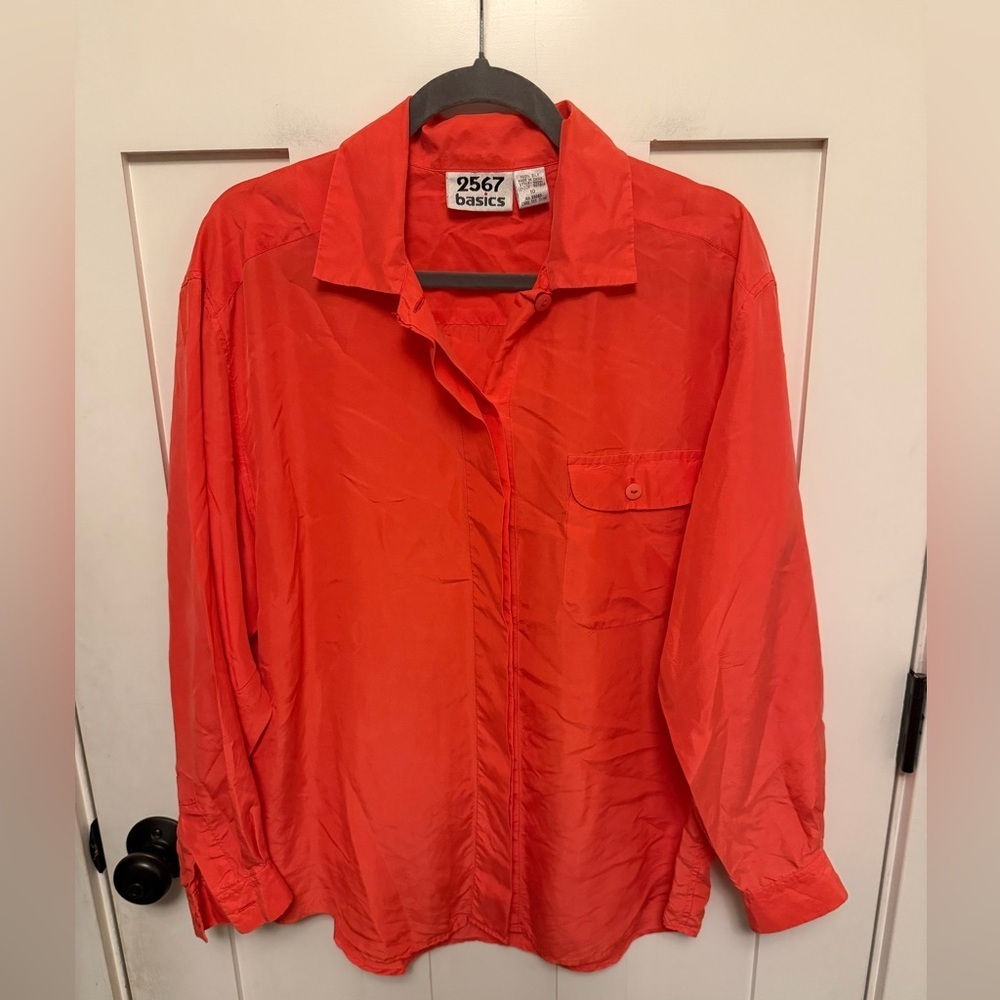 Vintage 90’s 100% Silk Long Sleeve Hidden Button Down Blouse Orange Size 10